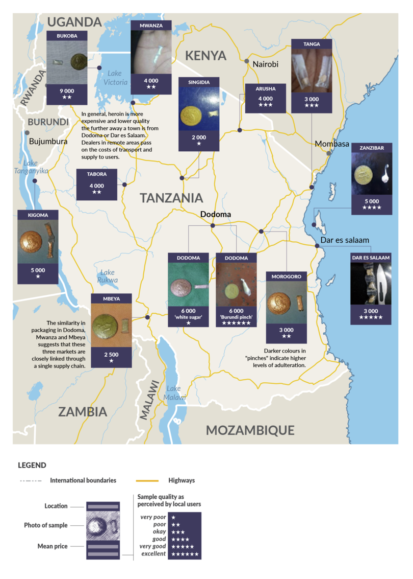 How a countrywide heroin market is supplied by several transnational routes; drug prices and perceived quality in Tanzania
