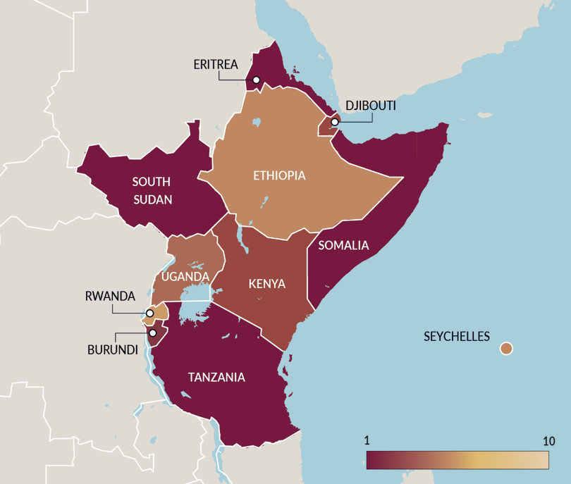 Heatmap showing ‘victim and witness support’ scores across East Africa, from the Organized Crime Index Africa

