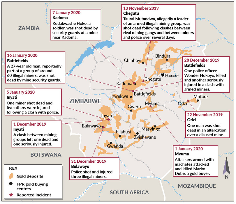 Map of gold deposits in Zimbabwe, Fidelity Printers and Refineries gold-buying centres, and recent major incidents of violence related to gold mining
