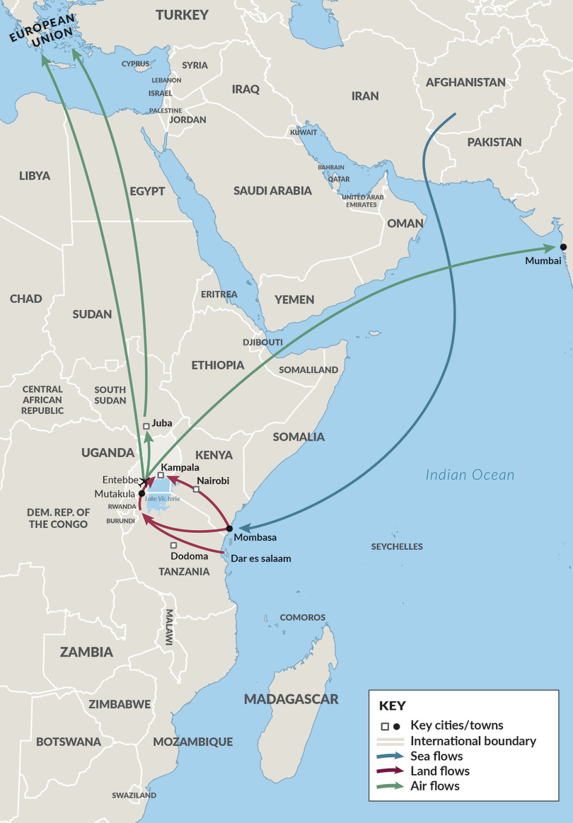 Heroin trafficking routes in and out of Uganda

