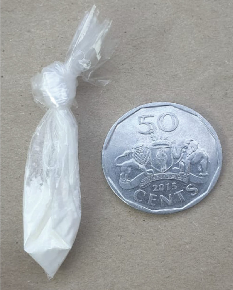 A 0.25g packet of ‘ngcono’ (good stuff) heroin sold in Mbabane, Matshapha, Manzini, Piggs Peak and Nhlangano, eSwatini. The cost is about €24.
