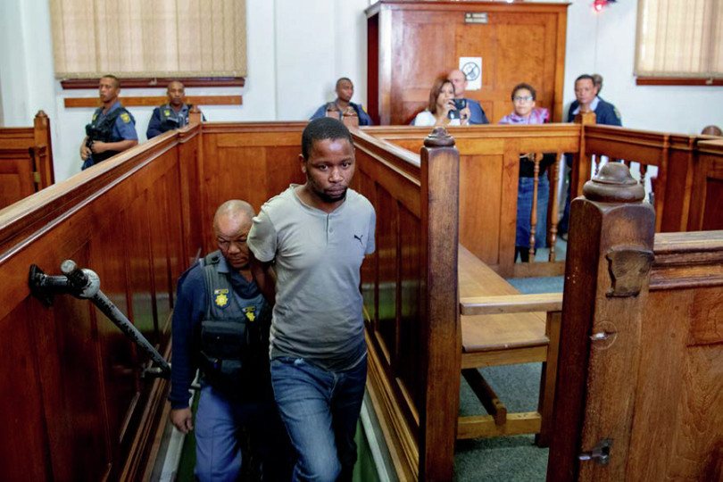 Left: A forensics team examines the car in which Cape Town lawyer Pete Mihalik was shot dead in 2018 outside his son’s school.
  Right: Court proceedings during the Pete Mihalik murder case at the Cape Town Magistrates’ Court on 29 November 2018.
