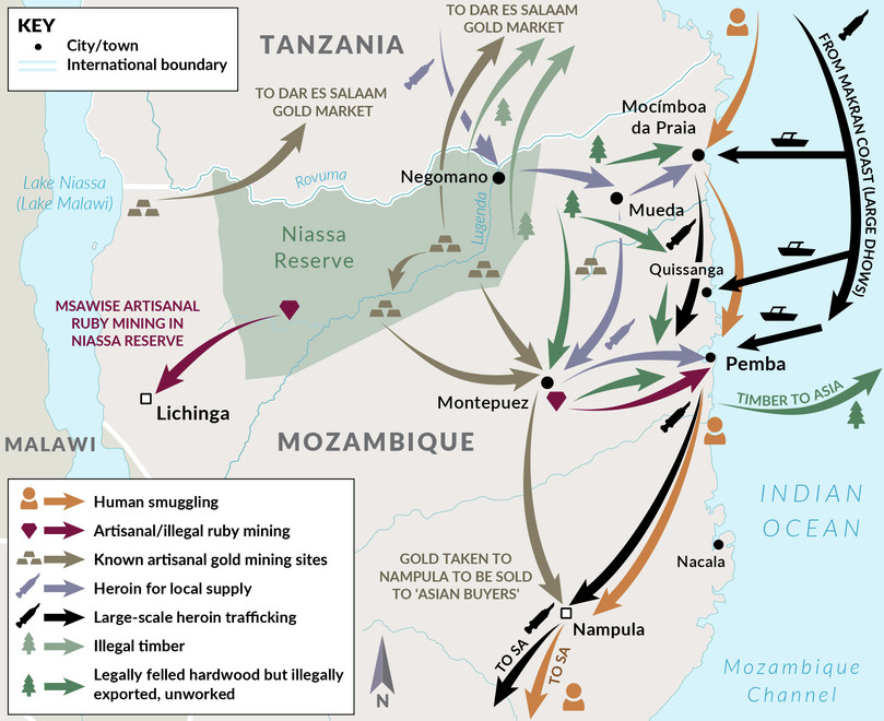 Major illicit flows passing through northern Mozambique.
