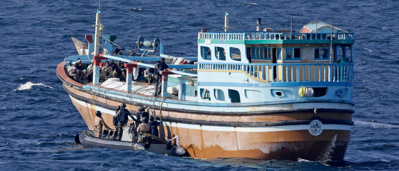 A boarding party from the Australian naval vessel HMAS Melbourne – operating as part of the Combined Task Force 150 – intercept a dhow found to be carrying nearly 2 tonnes of cannabis resin. As can be seen from the logo on the hull of the vessel, this dhow was manufactured by the Al Mansoor company.
