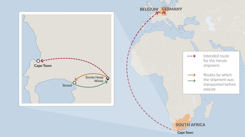 Movements of the heroin shipment uncovered at Eerste Hoop Wines estate before it was seized, and the route through which the shipment was intended to travel, via Cape Town, then onwards to Belgium and Germany.
