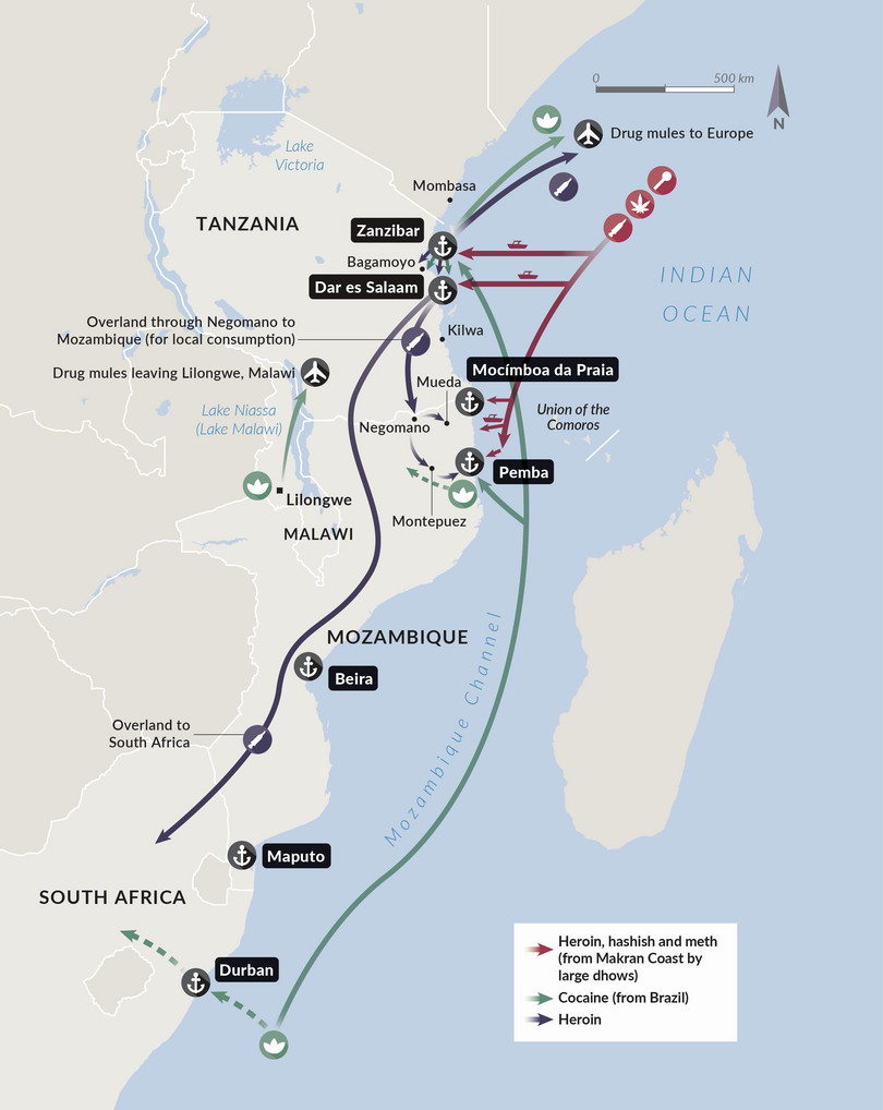 Drug-trafficking routes along the East African coast
