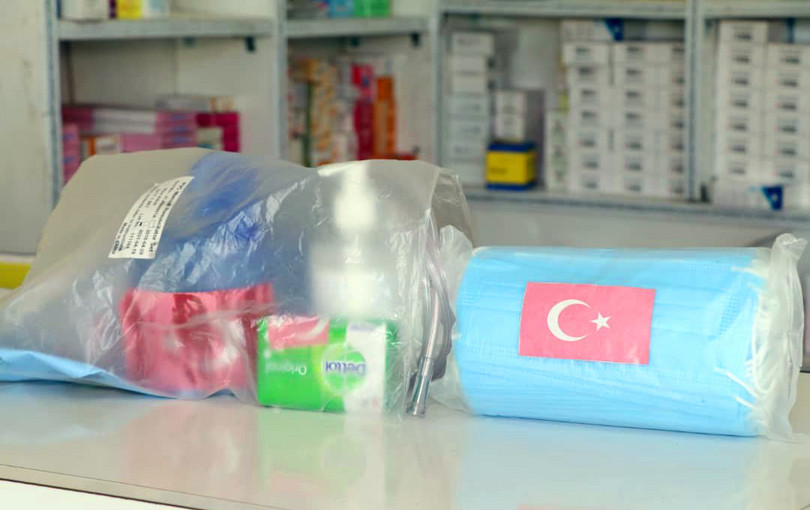 COVID-19-related donations from Turkey and Qatar, including face masks and hand sanitizers, for sale at a pharmacy in Mogadishu in early June 2020.
