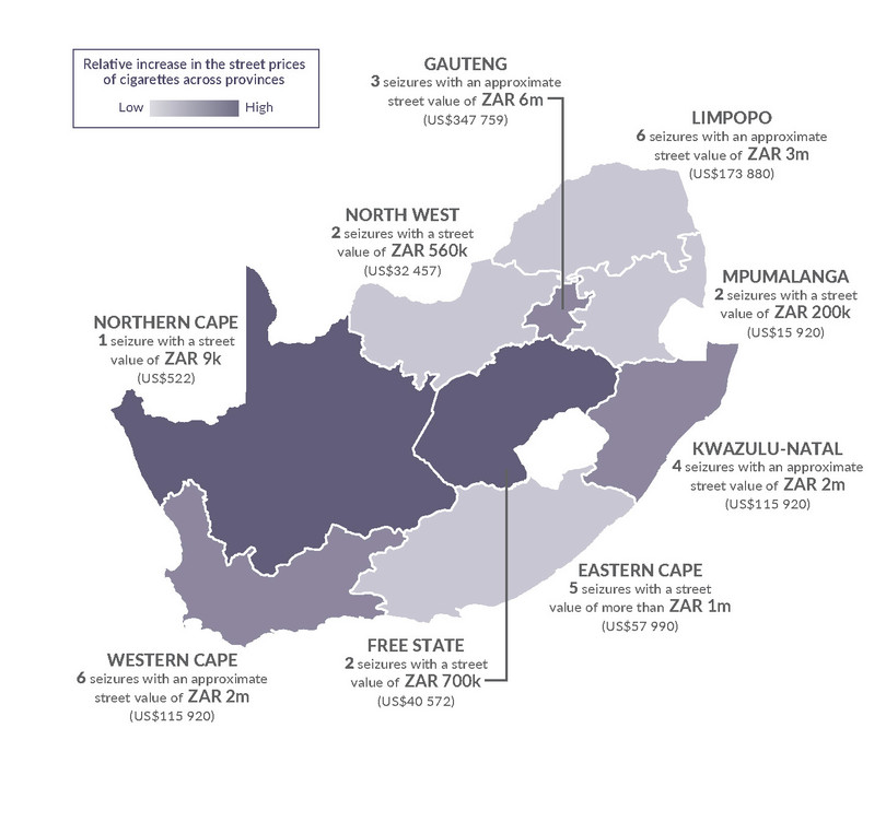 Relative cigarette price increases and seizures of tobacco products across South African provinces.
