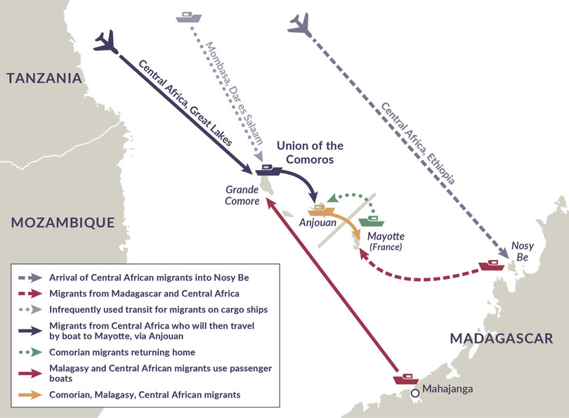 Shifting dynamics of human-smuggling routes to Mayotte.
