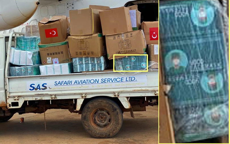 Left: Face masks photographed by the GI-TOC in a pharmacy in Mogadishu, 18 June 2020. Right: Medical donations to the Somali government, including boxes of face masks identical to those documented by the GI-TOC, alongside aid from Turkey and China, 28 May 2020.
