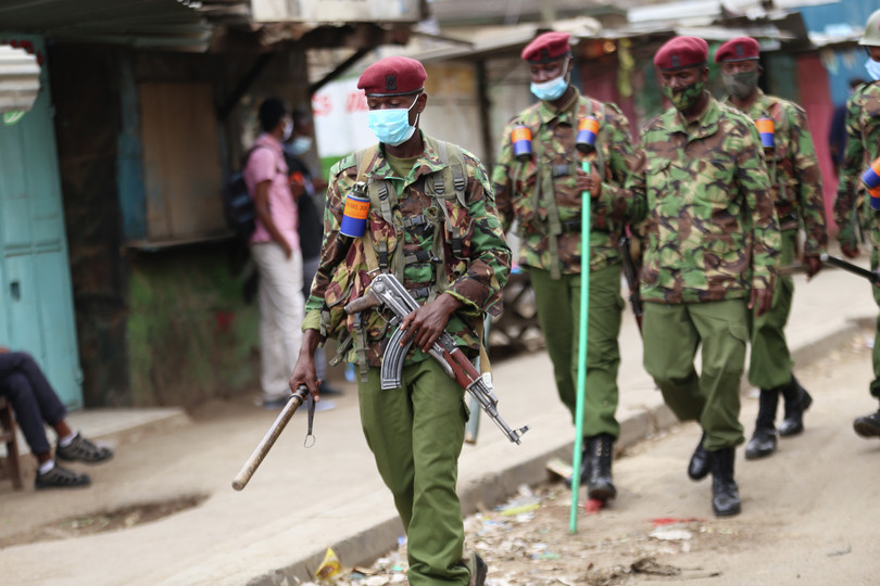 Police officers patrolling in Nairobi, 11 May.
