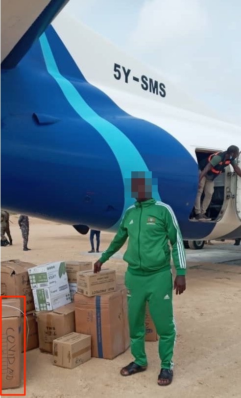 Silverstone Air Services/Maandeeq Air Logistics aircraft (5Y-SMS) on the apron at Dhobley airport with boxes of smuggled khat, 19 June 2020. On one box is scrawled ‘COVID aid’.
