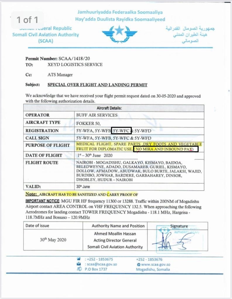Buff Air Services’ June 2020 special operation licence, which specified that no passengers or Kenyan khat (miraa) were permitted on flights. The licence was cancelled on 1 June 2020, following a shipment of Kenyan khat to Buhodle airstrip aboard aircraft 5Y-WFC.
