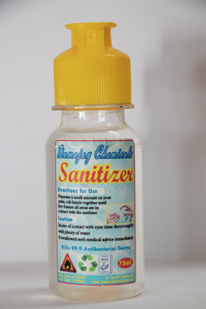 A hand sanitizer manufactured by Damajoy Chemicals – a company whose existence the GI-TOC was not able to verify.
