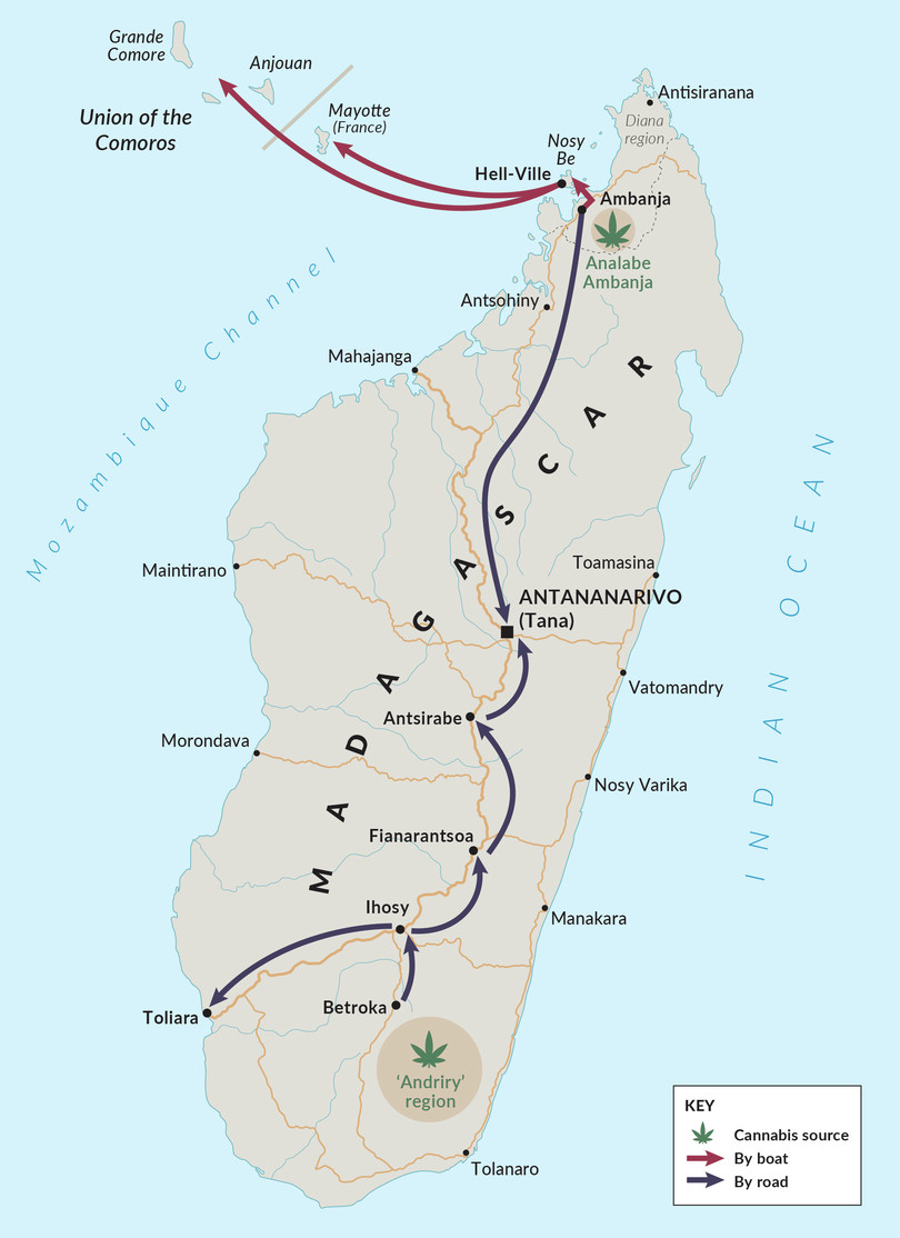 Major cannabis production areas and trafficking routes in Madagascar, both national and regional.
