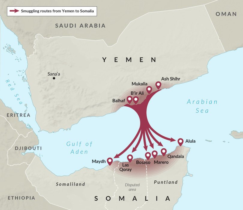 Arms smuggling routes from Yemen to Somalia.
