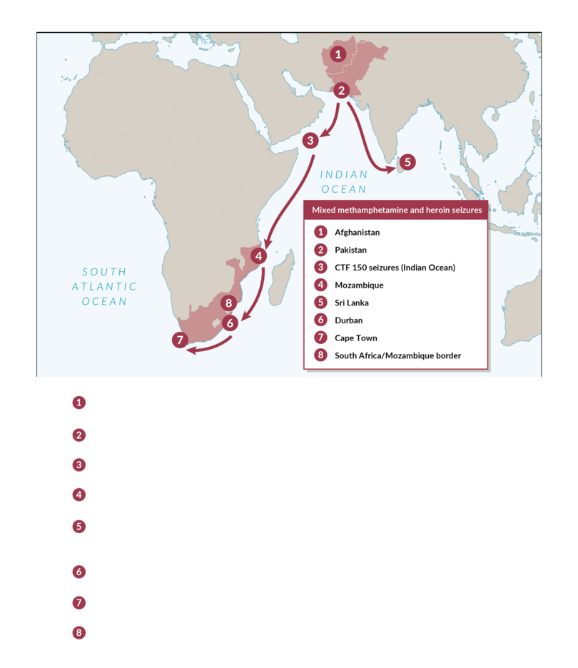 Trafficking routes of methamphetamine from Afghanistan to southern Africa.

