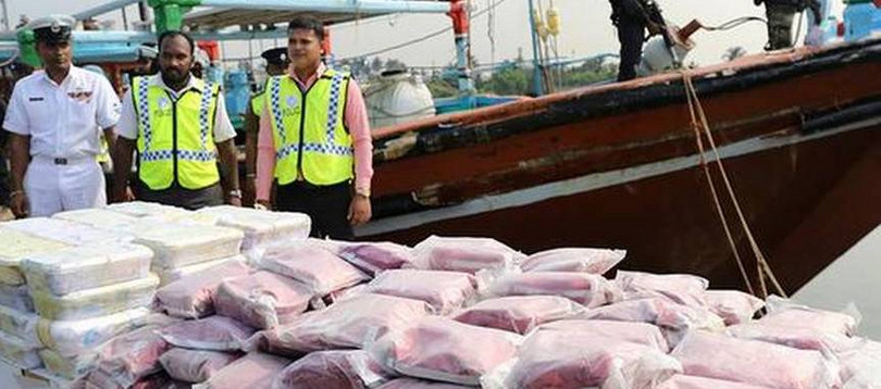 Heroin and methamphetamine seized by the Sri Lankan Navy from two Pakistani fishing trawlers in February 2020. The heroin bricks, on the left, share numerous characteristics with the heroin seized in Durban.
