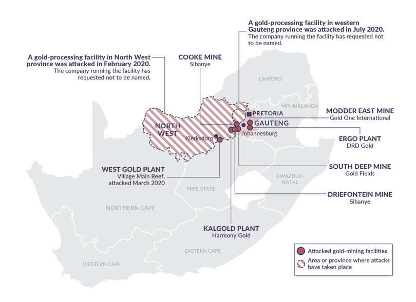 South African gold-processing facilities targeted by armed gangs, 2018–2020.
