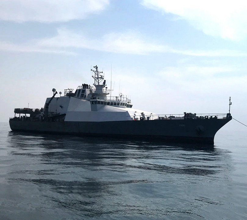 This vessel, the MNG Pembroke, is operated as a floating armoury by MNG maritime, moored in international waters to operate as a base for armed guards and weapons.
