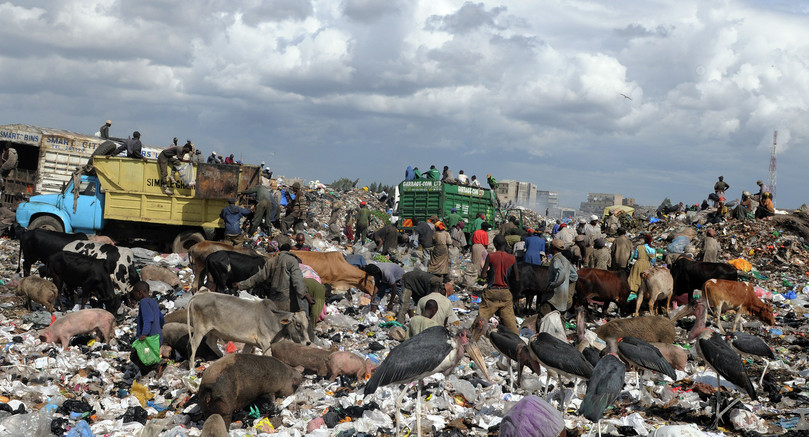 Garbage trucks at the Dandora dump in Nairobi. This, the only officially designated dump in Nairobi, has been the site of violence between rival gangs of waste pickers and the focus of corruption related to waste-management tenders.

