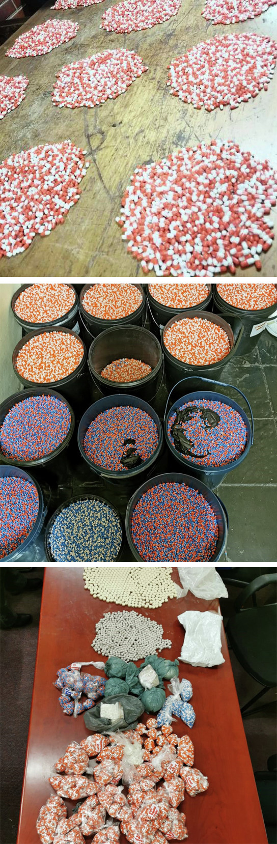 Evidence gathered by police in Durban in a July 2019 raid that demonstrates the assembly-line production approach and sheer scale of producing heroin capsules.

