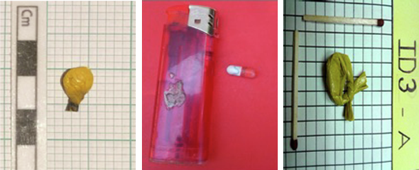 Samples of heroin from different locations in South Africa. The central image shows a heroin capsule, pictured in Durban. The left and right images, collected in Cape Town and Port Elizabeth, respectively, show plastic-wrapped heroin. This is how heroin is generally packaged for consumption in South Africa: capsules are a phenomenon that is unique to Durban.
