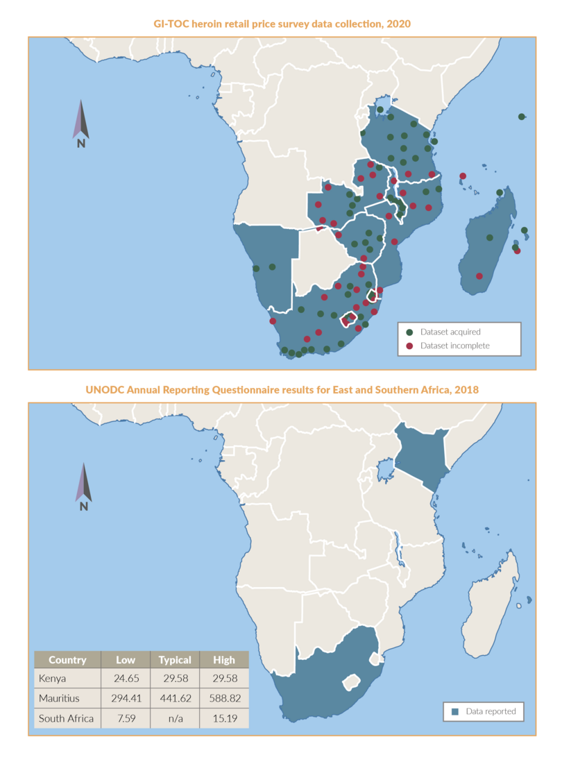 Retail heroin pricing data in East and southern Africa, showing results for per-gram heroin price, UNODC and GI-TOC.
