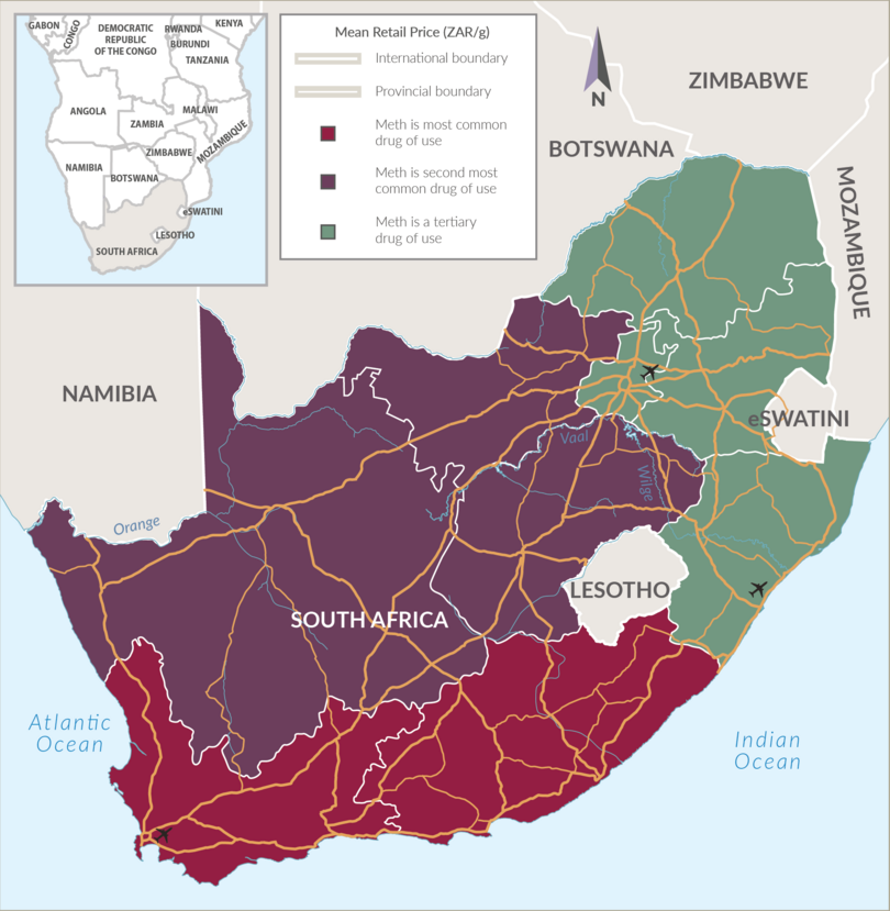 Dominance of methamphetamine use by province in South Africa, 2019.
