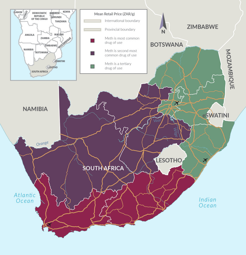 Dominance of methamphetamine use in South Africa by province, 2019.
