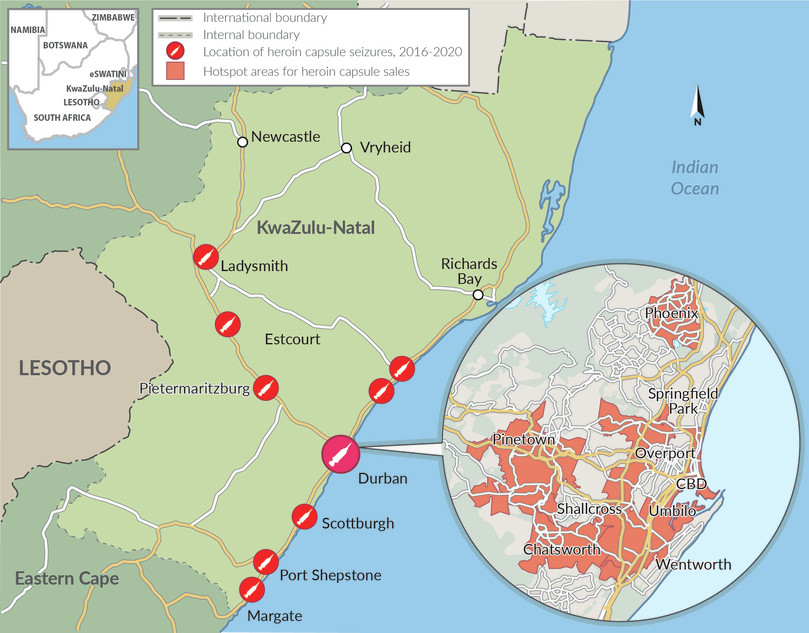Heroin capsules are a unique feature of the drugs market in Durban. This map shows where significant heroin capsule seizures have been made in KwaZulu-Natal between 2017 and 2020. The inset map of Durban highlights which suburbs of the city are known as areas where capsules are sold.
