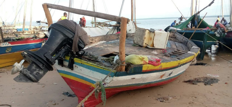 A small fishing dhow on the shore of Pemba, Cabo Delgado, Mozambique, reportedly one of the local vessels used to land drugs shipments.
