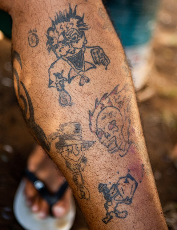 Tattoos such as these are common among gangsters in Wentworth. As Durban’s heroin market has grown, violence between rival gangs for control of the drug turf has also increased.
