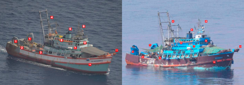 The Al Wesam 4 (formerly the Chaichanachoke 8) on 18 June 2019 (left), and the renamed Marwan 1 on 28 August 2019 (right). Both photographs were taken close to the littoral town of Qandala. Imagery analysis (shown in the numbering) highlights the similarities between the vessels.
