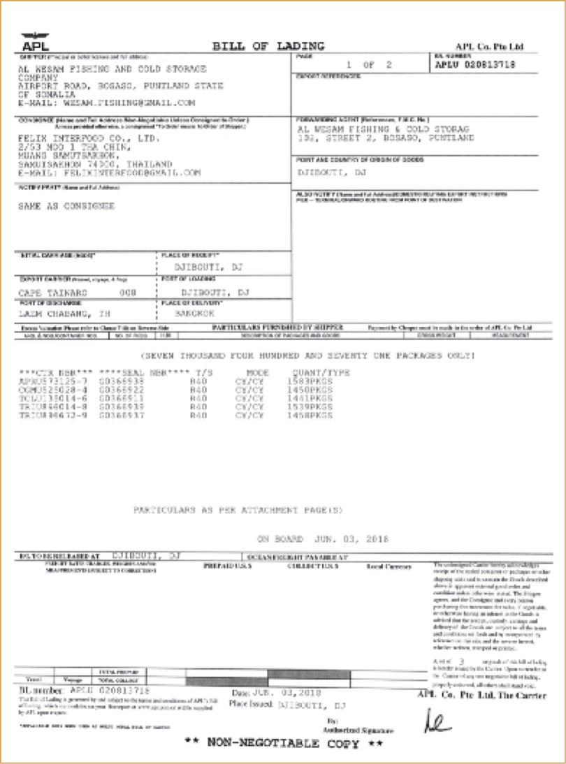 A June 2018 bill of lading for a seafood consignment exported to Thailand by Al Wesam Fishing and Cold Storage Company. The consignee is listed as ‘Felix Interfood Co., Ltd.’
