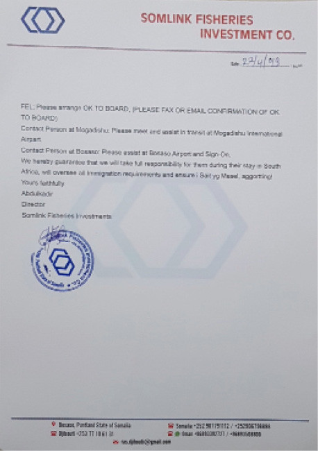 April 2019 letter from Somlink Fisheries Investment Co. director ‘Abdulkadir’ requesting Puntland visas for 13 Kenyan nationals intended to crew the Marwan 1.
