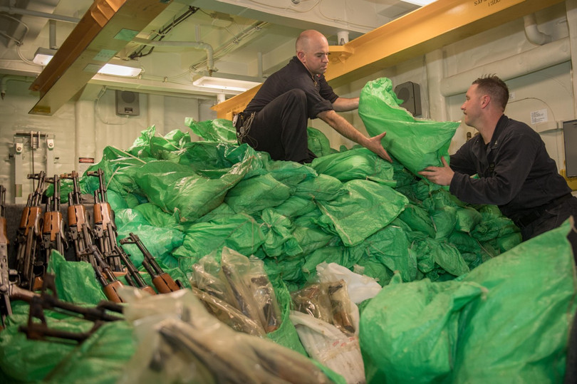 The green packaging found aboard the dhow interdicted by the USS Jason Dunham on 28 August 2018 (pictured) is consistent with the most recent seizure and another in 2021.
