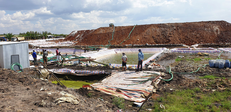A gold leaching site in Migori county, Kenya, that uses sodium cyanide to extract gold from waste products of previous gold mining. Sodium cyanide can contaminate water sources if the proper precautions to secure leaching sites are not followed.
