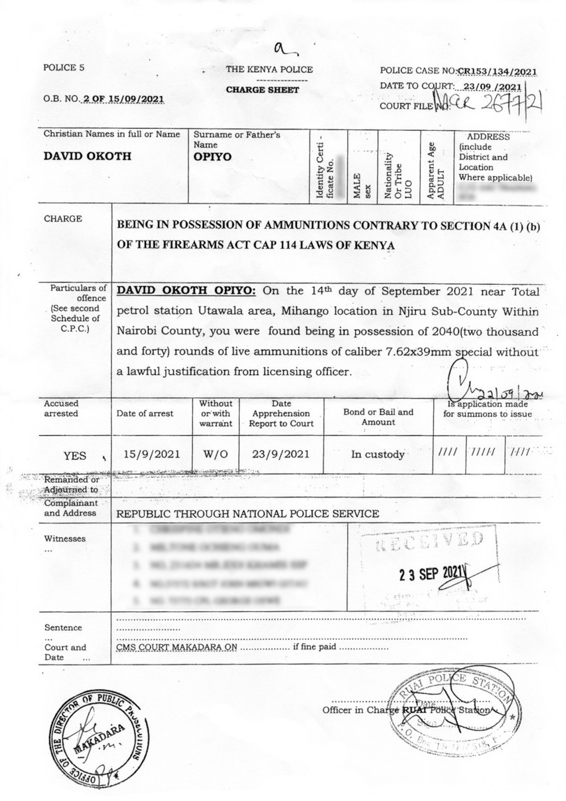 Image of a charge sheet from the Opiyo case.
