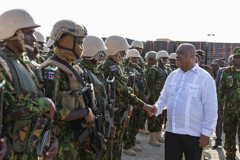 Haiti’s Prime Minister Garry Conille meets members of the first contingent of Kenyan police, who arrived on 25 June as part of the Multinational Security Support mission.
