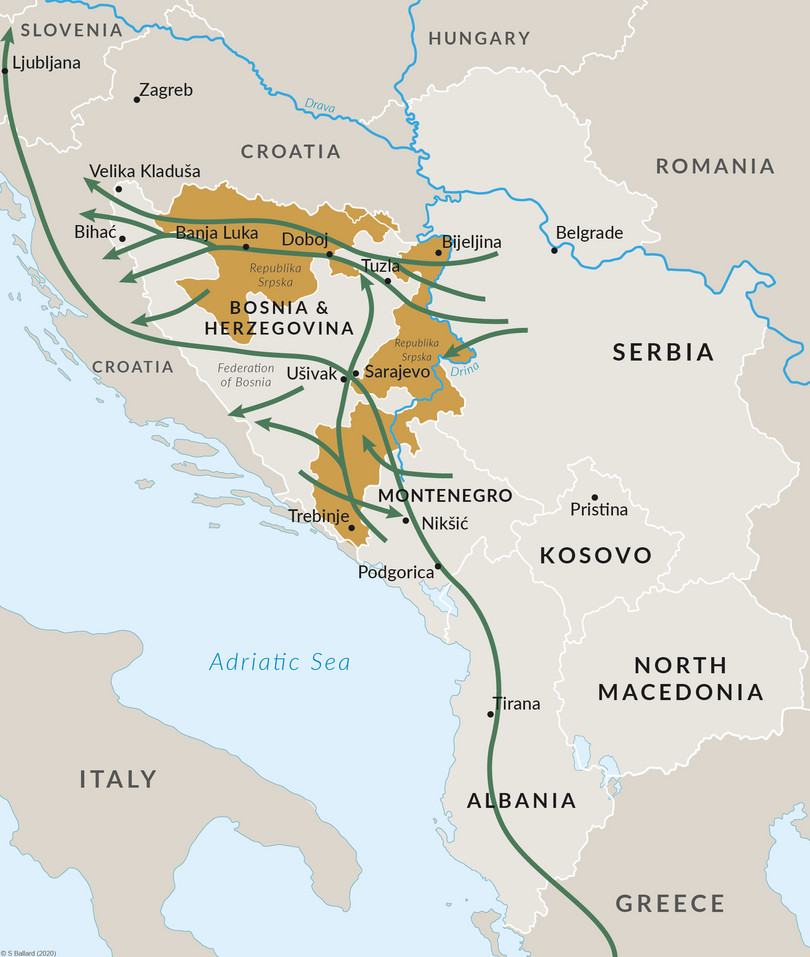 Main routes for smuggling migrants in the Western Balkans.
