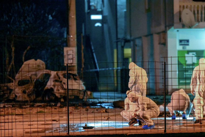 Forensic experts look for clues after a car bomb explosion in Podgorica, Montenegro, in March 2020 in which a Škaljari clan member is thought to have been killed.
