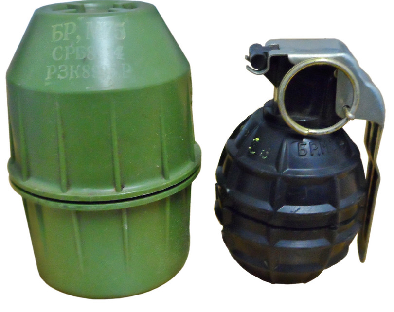 An M-75 type hand grenade and canister.
