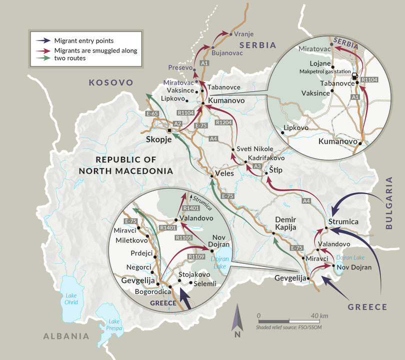 Migrant entry points and smuggling routes via North Macedonia.
