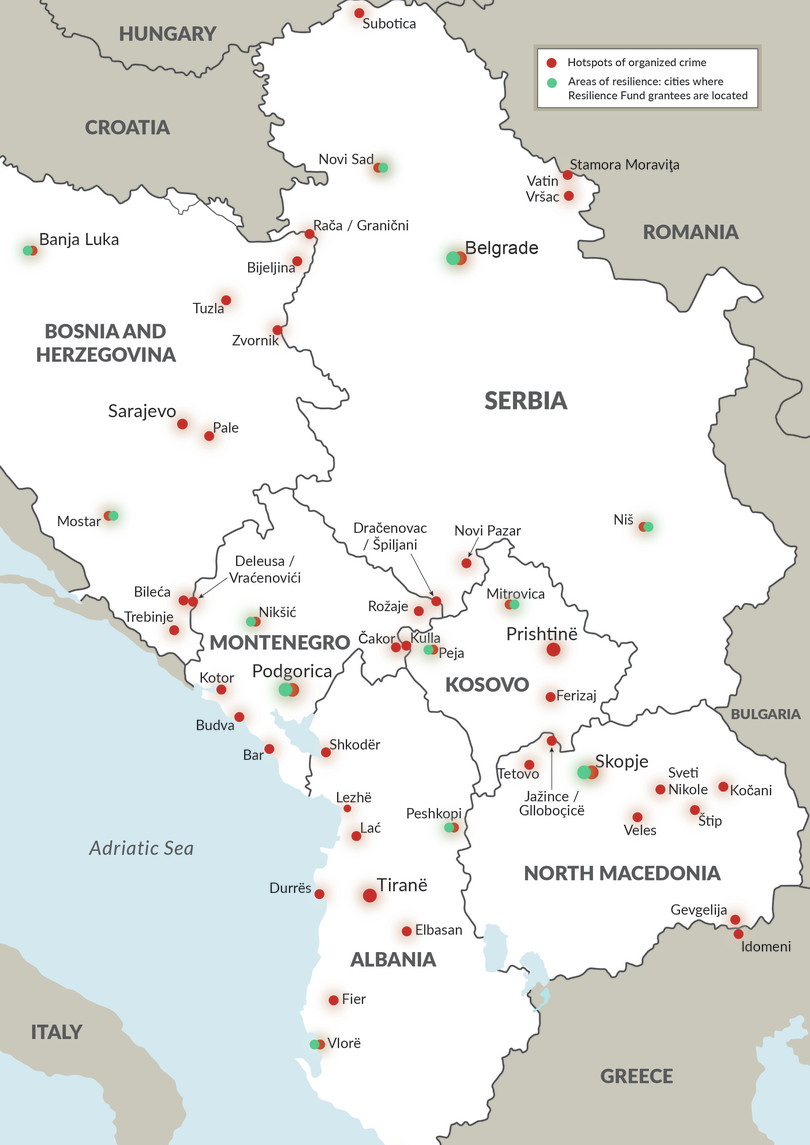 Hotspots of organized crime and places of resilience across the Western Balkans.

