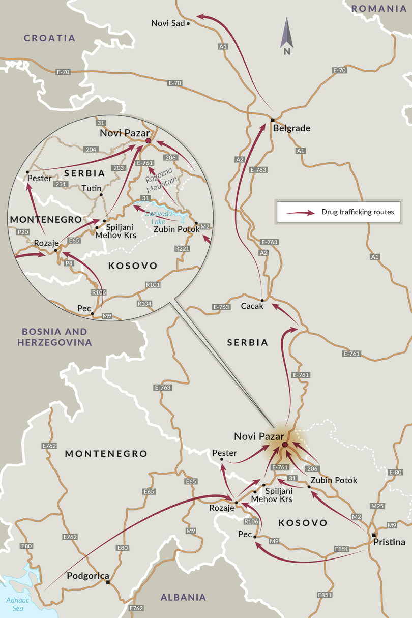 Drug trafficking routes in and around Novi Pazar.
