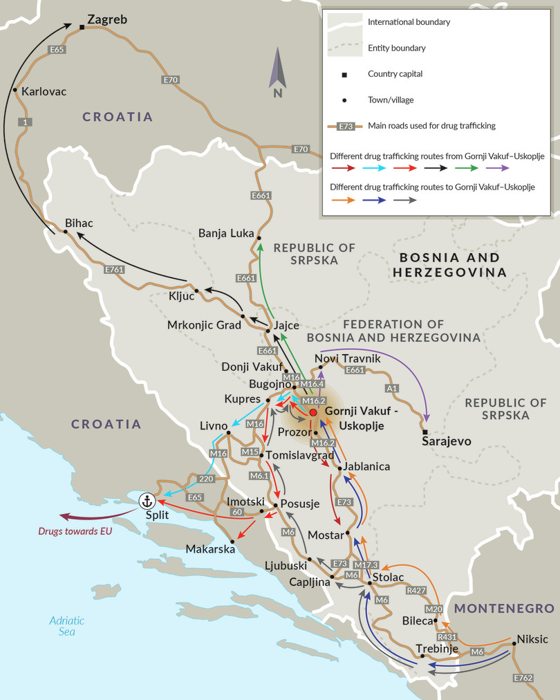 Drug trafficking routes through Gornji Vakuf-Uskoplje.

