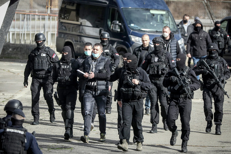 Veljko Belivuk, leader of a Serbian hooligan group with ties to the criminal underworld, is arrested in Belgrade in February 2021.
