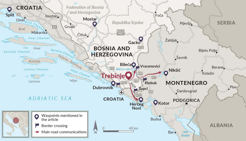 The location of Trebinje and trajectories of trafficking.
