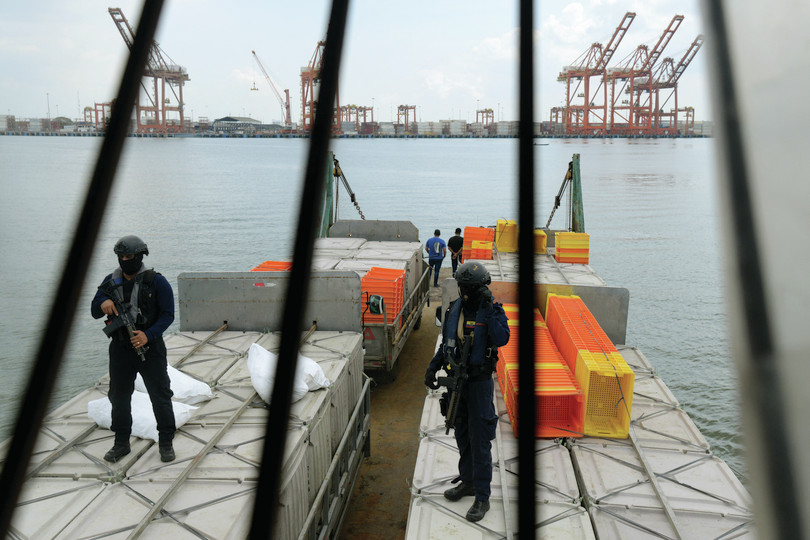 The Ecuadorian navy conducts an anti-drug trafficking operation near the port of Guayaquil, Ecuador, in March 2024.
